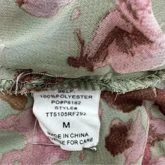 Timing Sheer Olive Green Floral Tie Front Blouse 3/4 Sleeves Lace Accent Size M - Picture 4 of 8